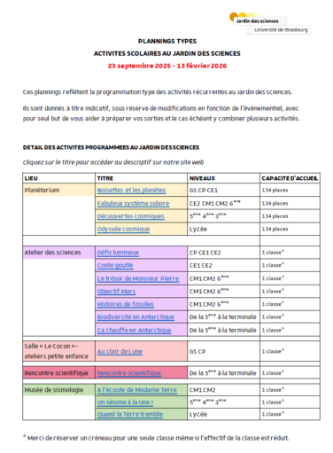 Liste des activités de septembre 2025 à févriver 2026