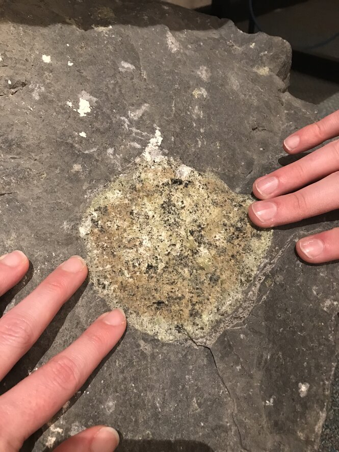 Mains qui touchent une roche volcanique