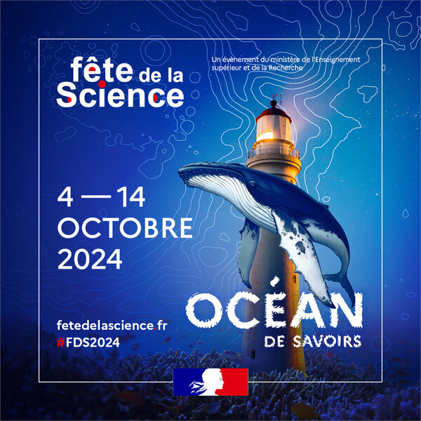 Affiche de la Fête de la Science avec le thème Océan de savoirs représenté par une baleine dans un fond bleu