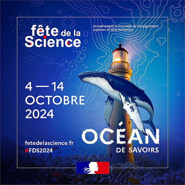 Affiche de la Fête de la Science avec le thème Océan de savoirs représenté par une baleine dans un fond bleu